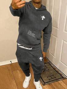 SHEIN 青少年男孩和英文字母印花连帽运动衫，时尚休闲 - 深灰色 - 查看 5