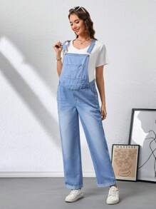 SHEIN Maternity Casual Washed Simple Denim Bib Pants - Light Wash - View 3