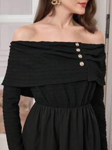 Modelyn Women's Elegant Casual Pleated Textured Loose Off-Shoulder Knit Dress Maxi Women Outfit - Black - View 6