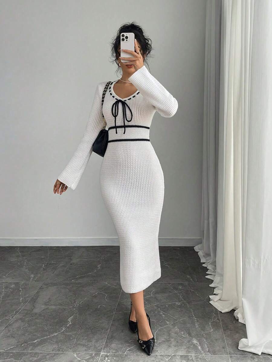 Chiquease Bowknot Design Elegant Women's Simple Korean Style Dress Fall Cloth For Women