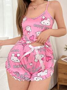 Cute Cat, Heart And Bow Print Women Pajamas Set, Fashionable Style Bowknot - Multicolor - View 1