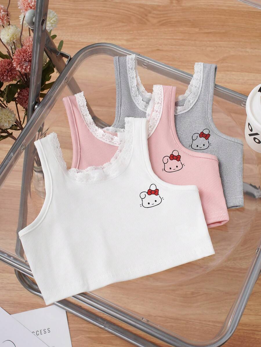 SHEIN 3pcs/Set Girls Cute Rabbit & Floral Lace Trim Camisole Set, Pink, White, Gray - Multicolor - View 1
