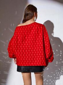 SHEIN Clasi Women Plus Size Heart Pattern Batwing Shoulder Loose Elegant Blouse One Shoulder Top, Suitable For New Year, Valentine's Day, Thanksgiving, Christmas, Easter, Party, New Year's Eve, Christmas Party, Christmas Decoration, Christmas Pajamas