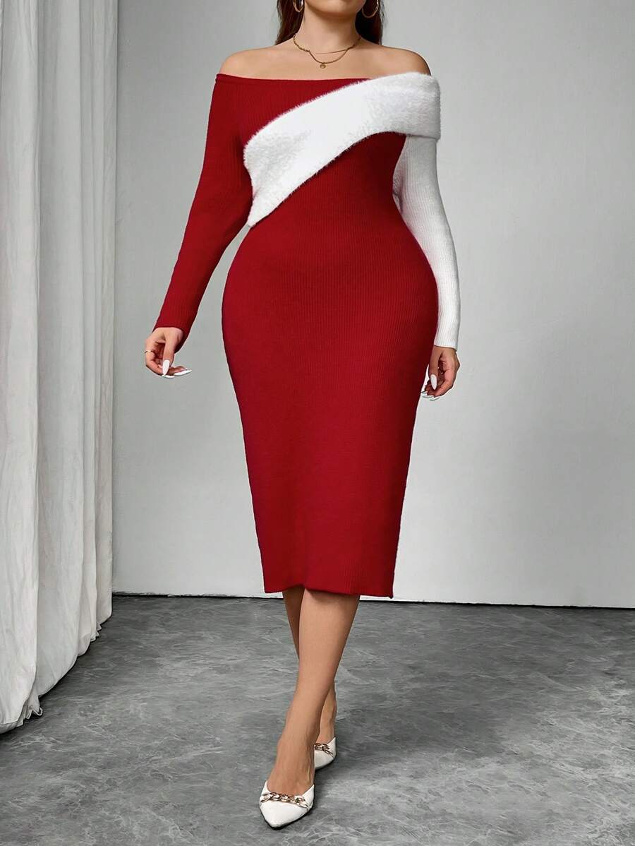 SHEIN Unity Plus Size Solid Color Patchwork Off Shoulder Long Sleeve Casual Sweater Dress For New Year Clothes - Red - View 1