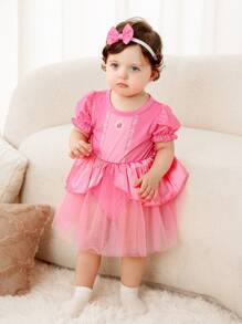 新生女婴可爱甜美粉色连体衣公主服装连体衣网眼连衣裙，前面带蝴蝶结和头带服装，适合生日派对，适合春夏季 - 玫紅色 - 查看 3