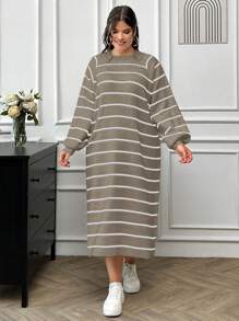 EURMUSE Striped Pattern Raglan Sleeve Sweater Dress Without Belt - Beige - View 5