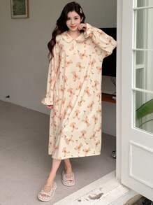 DAZY Cute Bear All-Over Print Loose Nightgown Pajama Fall,Winter - Apricot - View 5