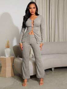 SHEIN SXY 2pcs Set Fleece Long Sleeve Top And Flared Pants, Autumn Winter - Khaki - View 6