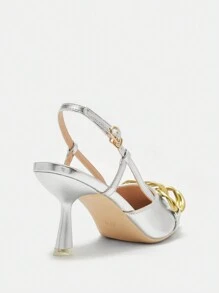 CUCCOO BIZCHIC Women's Metallic Gold Chain Decor Pointed Toe Stiletto High Heels, Elegant Party/Banquet Shoes, Silver PU Leather, Suitable For Nightclub, Party, Commuting, Blogger Style, Music Festival, Workplace - Silver - View 8