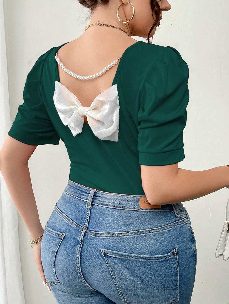 Elenzga Áo thun tay bồng trang trí nơ và dây xích cỡ lớn thanh lịch, cho mùa hè - Màu xanh lá cây đậm - Xem 1