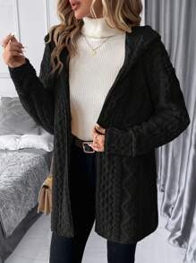 SHEIN Clasi Jaket Fleece Bertekstur Lengan Panjang Berkerudung Warna Polos untuk Wanita Musim Dingin - Hitam - View 9