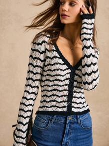 Poéselle Cárdigan de punto de manga corta de corte ceñido con contraste de colores, rayas onduladas y calado, de estilo casual para primavera/verano - Moda primaveral, blusas de mujer para verano