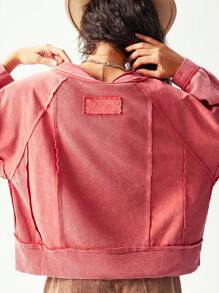 Bohemela Camiseta holgada de mujer de punto con cuello en V de unicolor y parches
