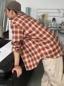 DAZY 男士街头休闲红色格子衬衫，秋季衣服长袖男士衬衫 - 紅色 - 查看 3