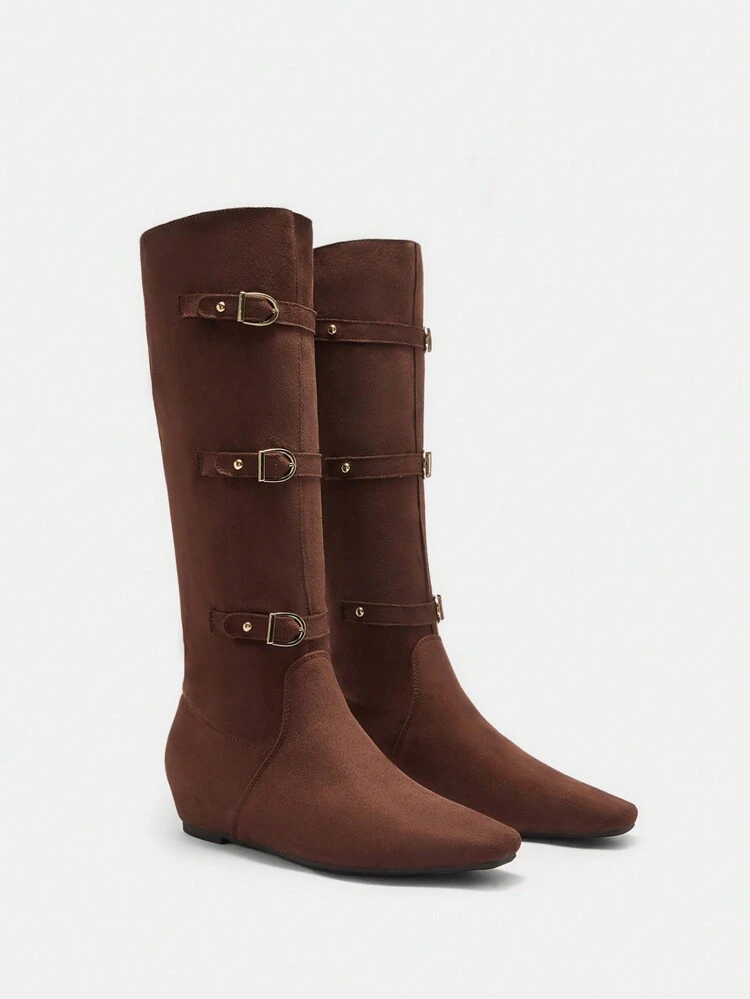 CUCCOO BIZCHIC Women's Fashionable Commuting Elegant Brown Suede Metal Buckle Pointed Toe Ankle Boots