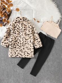 SHEIN 3 件套年轻女孩豹纹毛绒领开衫和围兜裤套装，温暖、舒适、时尚冬季套装 - 彩色 - 查看 2