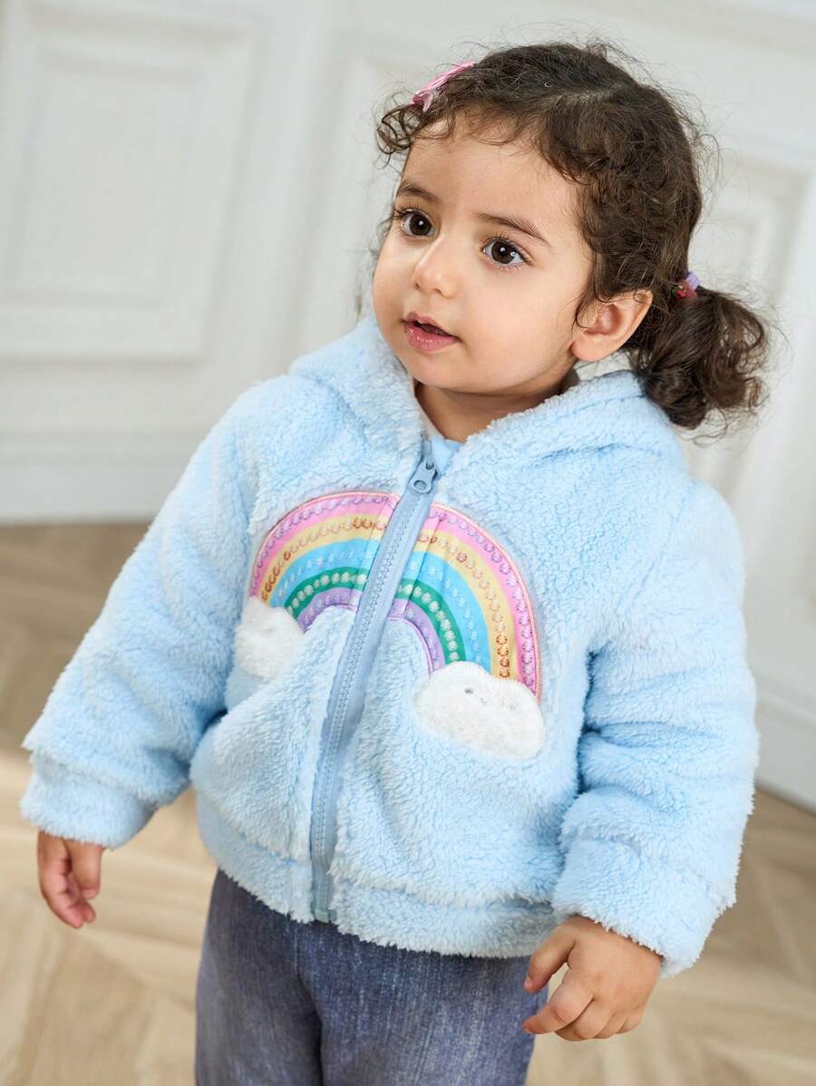 Áo khoác thêu họa tiết cầu vồng dễ thương cho bé gái, hoàn hảo cho mùa thu/đông - Màu xanh lam - Xem 1