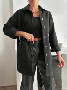 RueChic Rhinestone Detail Drop Shoulder Overcoat - Black - View 3