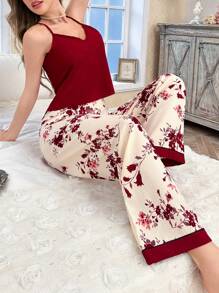 CottageSlumber Conjunto de pijama con camiseta de tirantes de cuello en V de unicolor y pantalones de estar por casa estampados