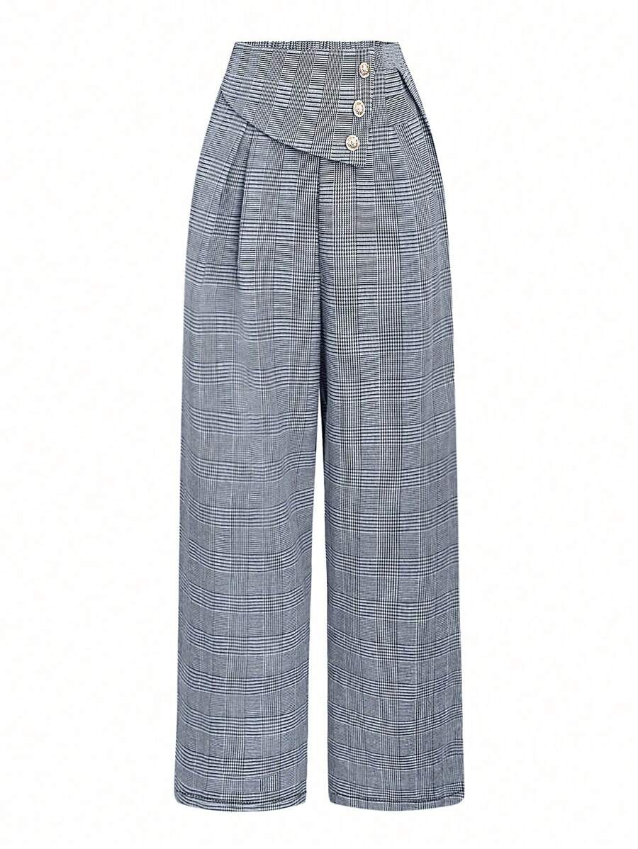 SHEIN Clasi Plus Size Asymmetrical Waist Plaid Pants, Autumn/Winter - Blue - View 1