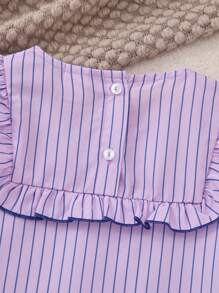 PrepCrw 年轻女孩宽松条纹荷叶边衬衫，学院风，适合春秋季节 - 粉色 - 查看 5