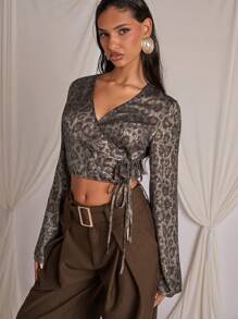 COSMINA 女士豹纹系带长袖休闲上衣，简约设计 - 彩色 - 查看 4