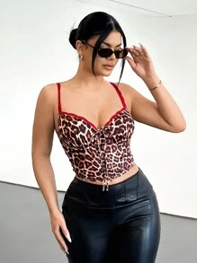SHEIN SXY Women's Leopard Print Contrast Lace Bowknot Camisole Top,Tops,Summer Women Tops,Party Women Tops,Sexy Women Tops,