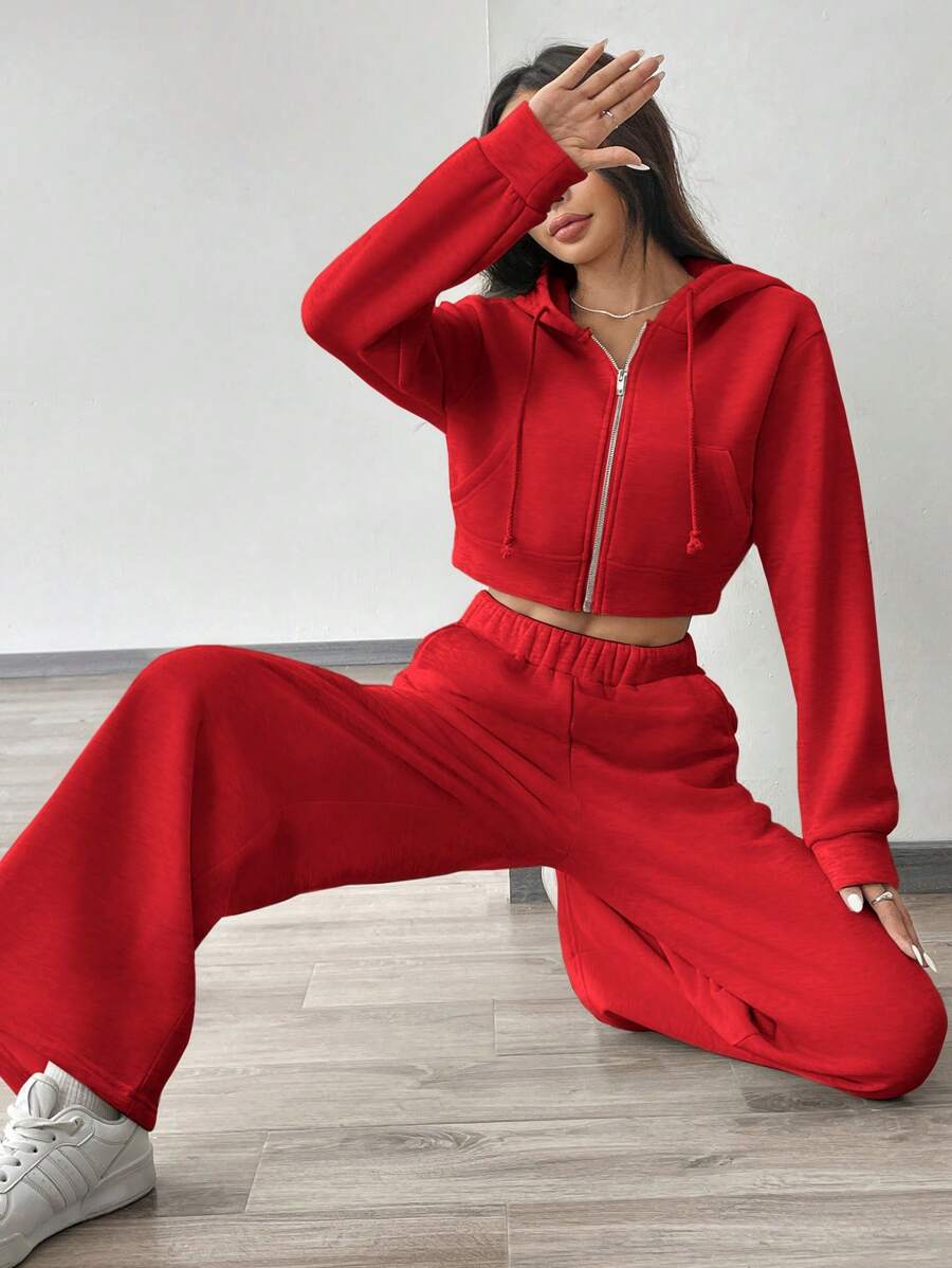 Muchica Set de 2 piezas de chaqueta con capucha y pantalones de punto para mujer, conjunto deportivo con cremallera, color rojo - Rojo - Ver 1