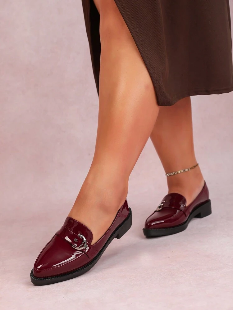 CUCCOO CURVES Wide Fit Chunky Platform Flats Pointed Toe Solid Wine Red Deep Vamp Lace-Up Oxford Loafers For Women