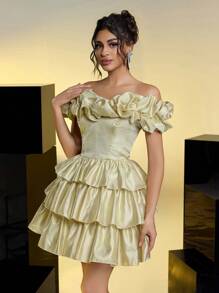 SHEIN Belle Elegant Sexy Romantic Golden Shiny Organza Off Shoulder Three-Dimensional Pleats Cake Dress For Date, Birthday Party, Wedding Event, Bachelor Party, Prom Dress, Wedding Guest Dress