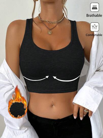 Chiquease Crew Neck Thermal Lined Cami Top, Simple Style For Sports, Outdoor, Running, Fitness