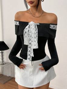 INAWLY Women's Elegant Off-Shoulder Lace Tie-Up Long Sleeve Slim Fit T-Shirt Fall Cloth For Women