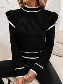 SHEIN Clasi Women's Black & White Striped Elegant Waffle Knit Patchwork Ruffle Collar Long Sleeve Sweater