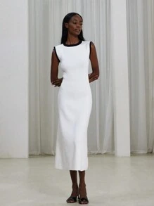 Aveloria Modichic 2 pièces : Cardigan tricoté à col rond avec bande bicolore noire et blanche au design H, et robe pull minimaliste pour femmes. Style élégant inspiré du français