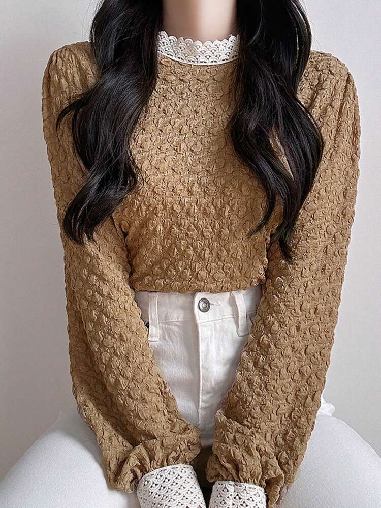 Women Contrast Lace Stand Collar Lantern Sleeve Elegant Long Sleeve White T-Shirt