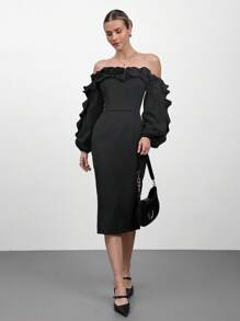 CLARA VERO Women Mid-Length Ruched Ruffle Romantic Elegant Ruffle Trim Waist Dress - Black - View 1