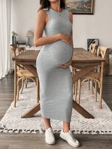 SHEIN 孕妇纯色无袖修身休闲连衣裙 - 灰色 - 查看 4