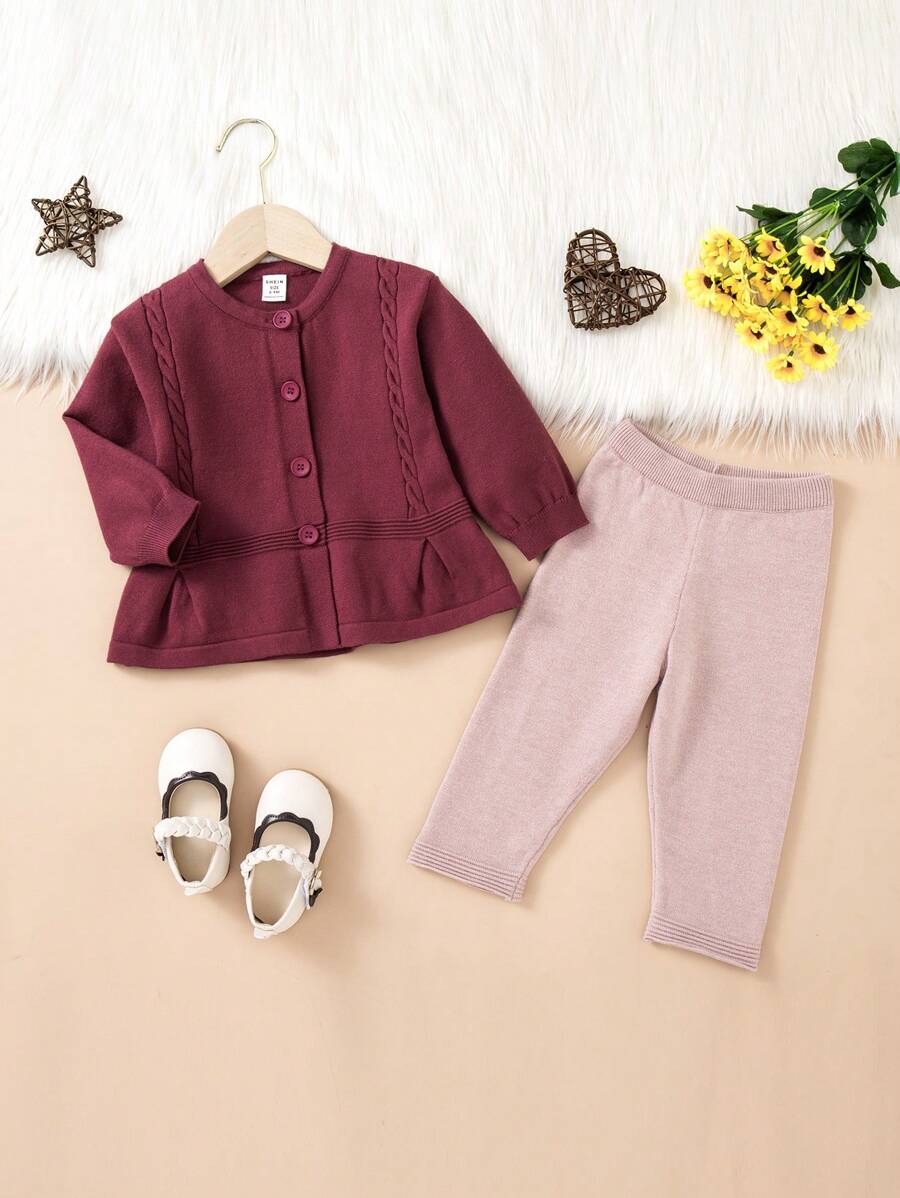 SHEIN 2pcs Baby Girl Cardigan Knit Sweater Set - Red Stylish Knitted Top With Pants, Comfy Warm Winter New Arrival