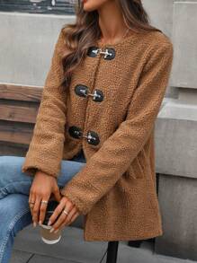 SHEIN LUNE Women's Faux Shearling Crew Neck Metallic Button Closure Mid-Length Warm Coat Fall Cloth For Women - Brown - View 5