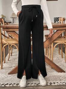 SHEIN Pantalones holgados de maternidad de unicolor con cintura ajustable y abertura lateral - Negro - Ver 6