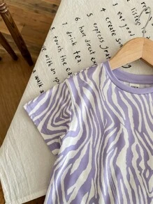 SHEIN LMoss Kids LMoss 女婴夏季可爱针织紫色斑马条纹短袖 T 恤和松紧腰裤两件套服装