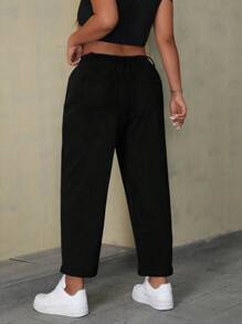 SHEIN ICON 大码纯色前扣纯色牛仔裤，日常休闲装 - 黑色 - 查看 2