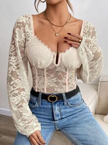 Chiquease Elegant & Sexy Solid Color Sheer Lace Bodysuit, Autumn