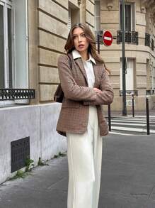 Chiquease 法式宽松格子西装外套，翻领仿口袋长袖女式西装外套，适合秋冬季