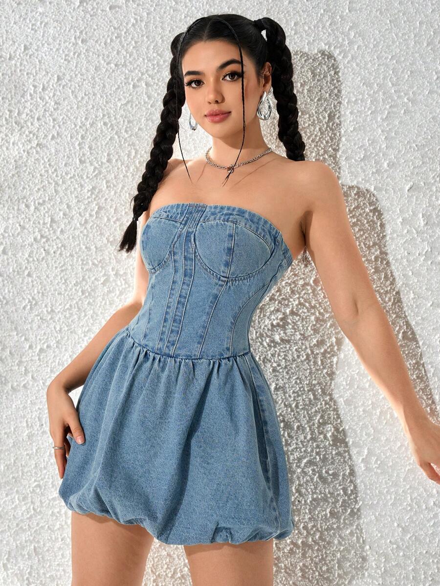 SHEIN EZwear 甜心领口 A 字型度假女士牛仔迷你连衣裙 - 藍色 - 查看 1