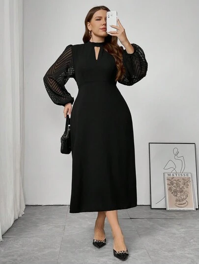 SHEIN Frenchy Plus Size Black V-Neck Lace ,Tita Outfit Modest Dresses Tie-Up Long Sleeve Black Dress
