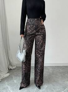 Gloray Pantalón cargo de pierna ancha, de cintura alta, suelto y de pierna recta con estampado de leopardo
