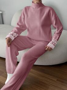 EURMUSE Women Solid Color High Neck Sleeve Detailed Sweater & Sweater Pants Set - Baby Pink - View 3