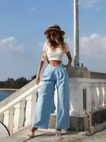 EURMUSE Women's Solid Color Simple Daily Long Pants - Blue - View 2