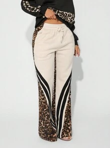 SHEIN SXY Women Leopard Print Drawstring Waist Pockets Loose Wide Leg Casual Patchwork Sweatpants,Black Summer Streetwear Lounge Pants,Warm Fall Cloth For Women - Multicolor - View 7